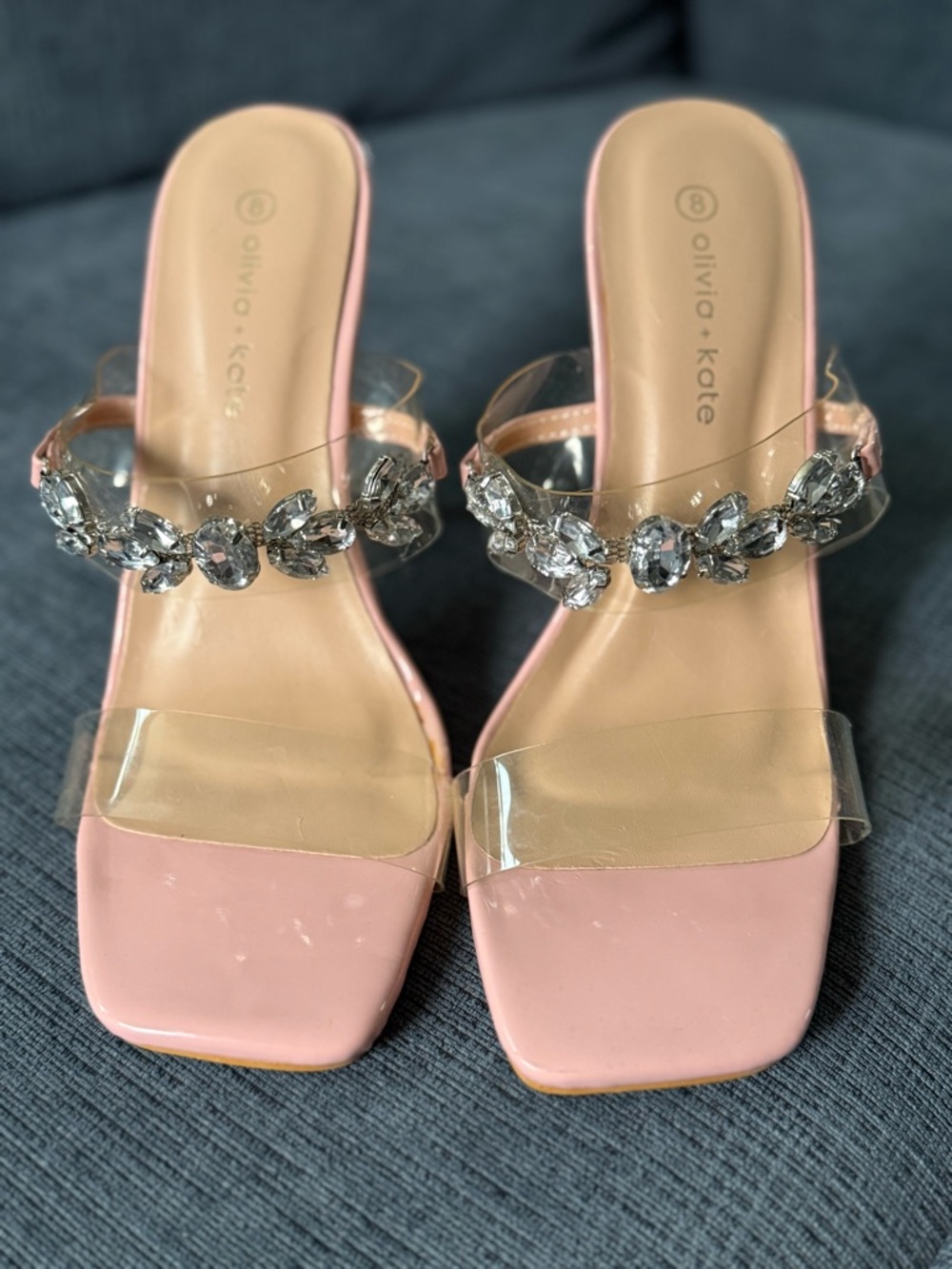 Olivia + Kate Pink Jeweled Clear-Strap Mules